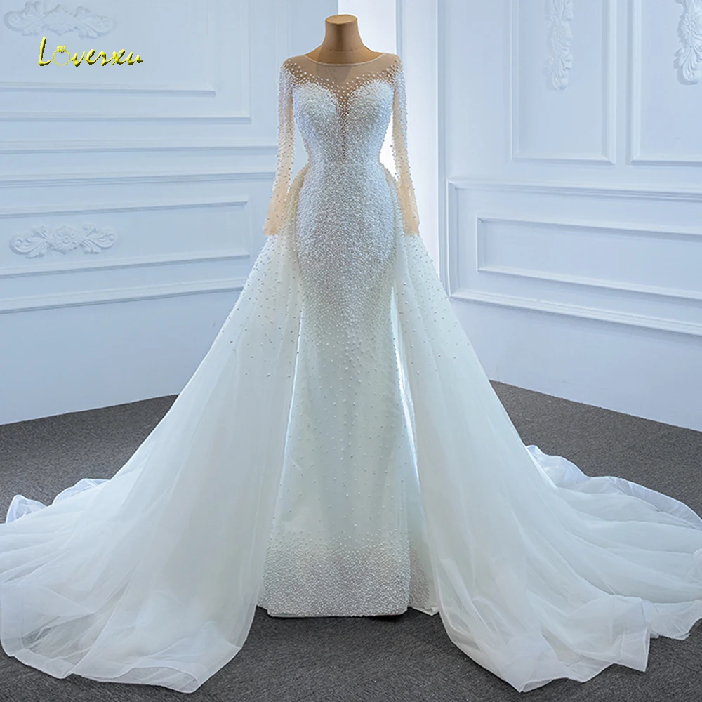 

Loverxu Mermaid Luxury Wedding Dresses 2024 O-Neck Long Sleeve Vestido De Novia Beading Pearls Detachable Train Robe De Mariee