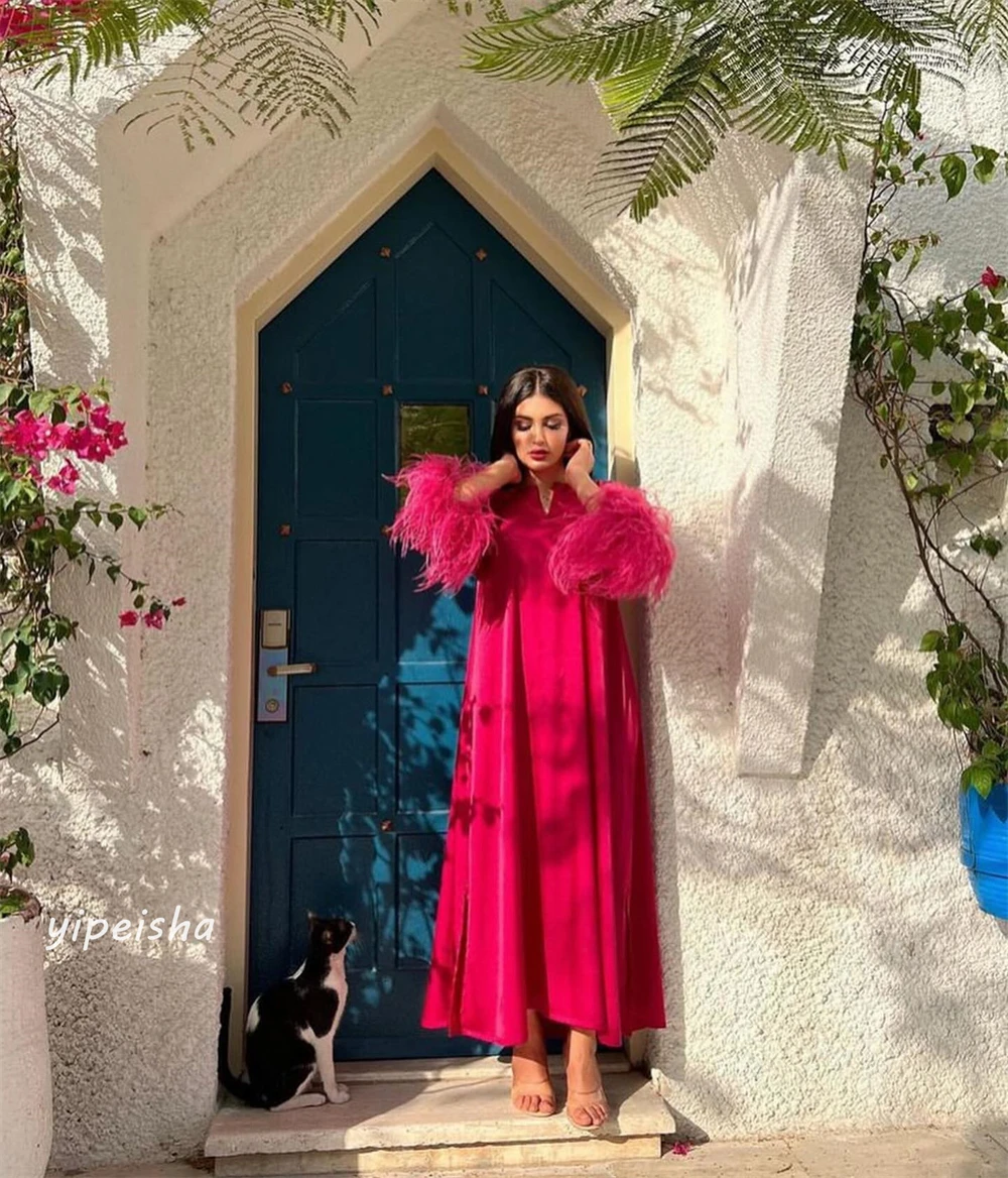 Jersey fruncido de plumas para el Día de San Valentín, vestido Midi con cuello en V, a medida, para ocasiones