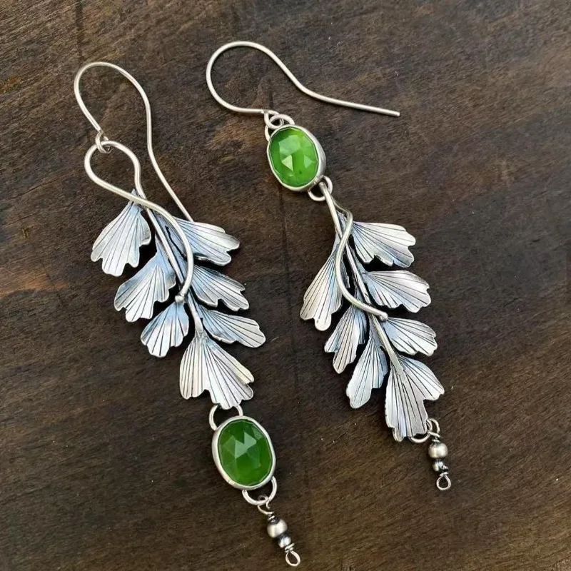 

New leaf and branch shaped women's earrings forest series green zircon long tassel eardrop
