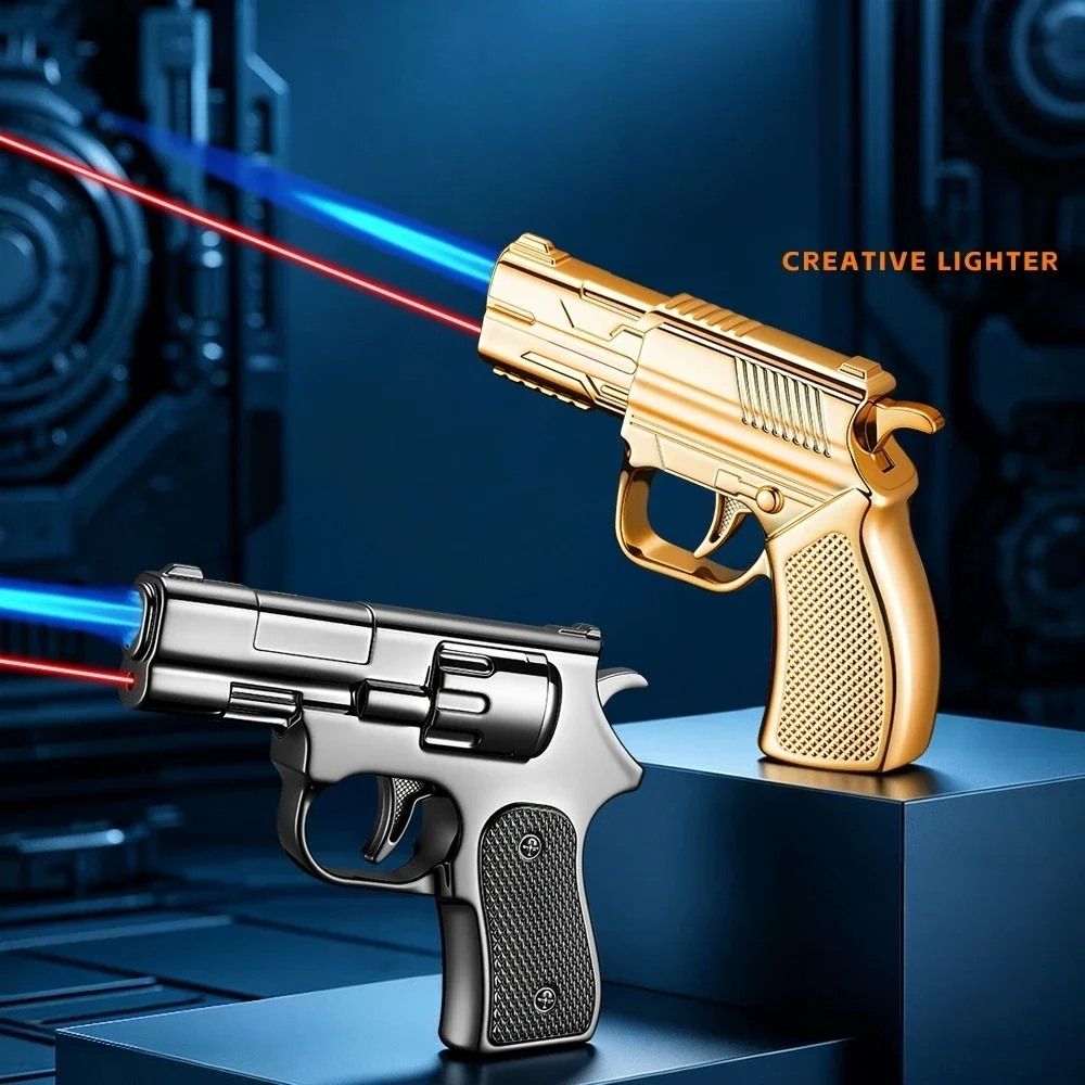 New Metal Pistol Shaped Inflatable Lighter Outdoor Windproof Jet Flame Direct Charge Personalized Play Lighter Smoking Gift
