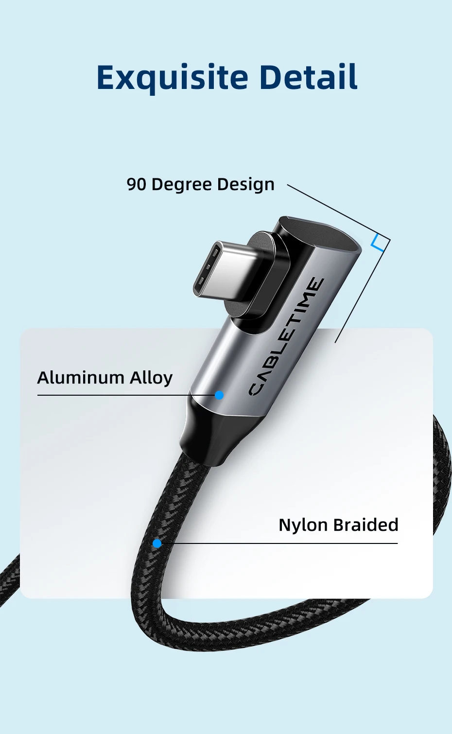 CABLETIME USB-C zu USB-C Kabel USB 3.2 Gen 2 20Gbps 90 Grad PD100W 4K@60Hz Video Schnelles Laden für iPhone 17 Macbook Pro iPad – Detail 8