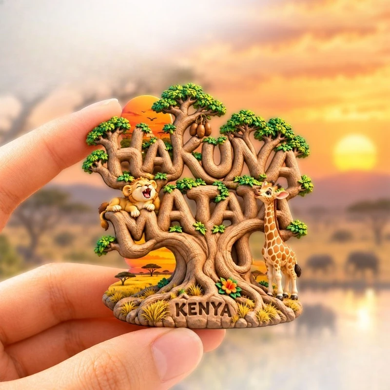 Kenya Tree Script Lion Deer Fridge Magnet - Wild 3D Savannah Souvenir Unique African Gift for Travel & Nature Decor
