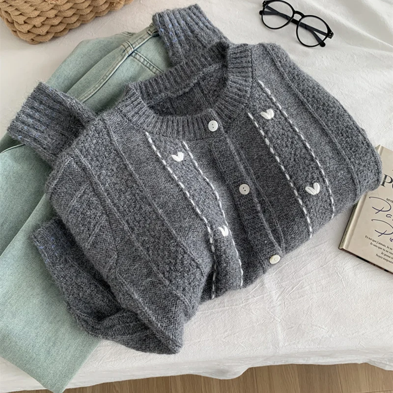 Vintage Häkeln LIEBE Gedruckt frauen Strickjacke Herbst Winter Sanfte Lange Hülse Lose Pullover Jacken Weibliche Weiche Strickwaren