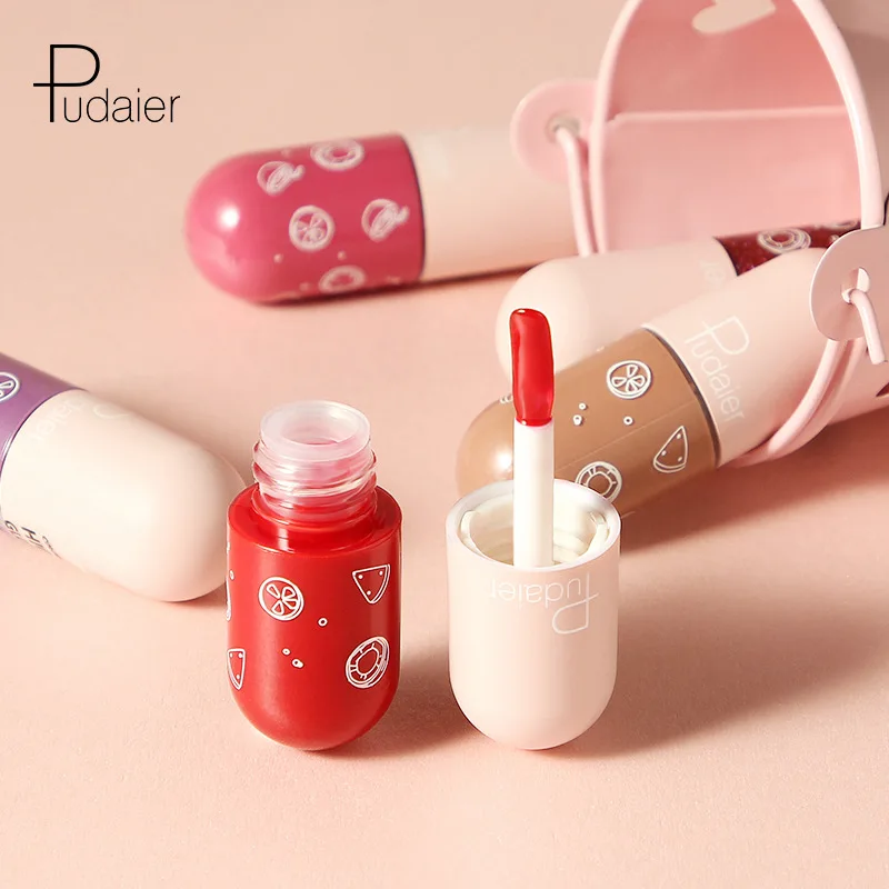 Pudaier mini cápsula esmalte de labios taza antiadherente brillo de labios que no se decolora espejo brillo fino brillo de labios hidratante lápiz labial