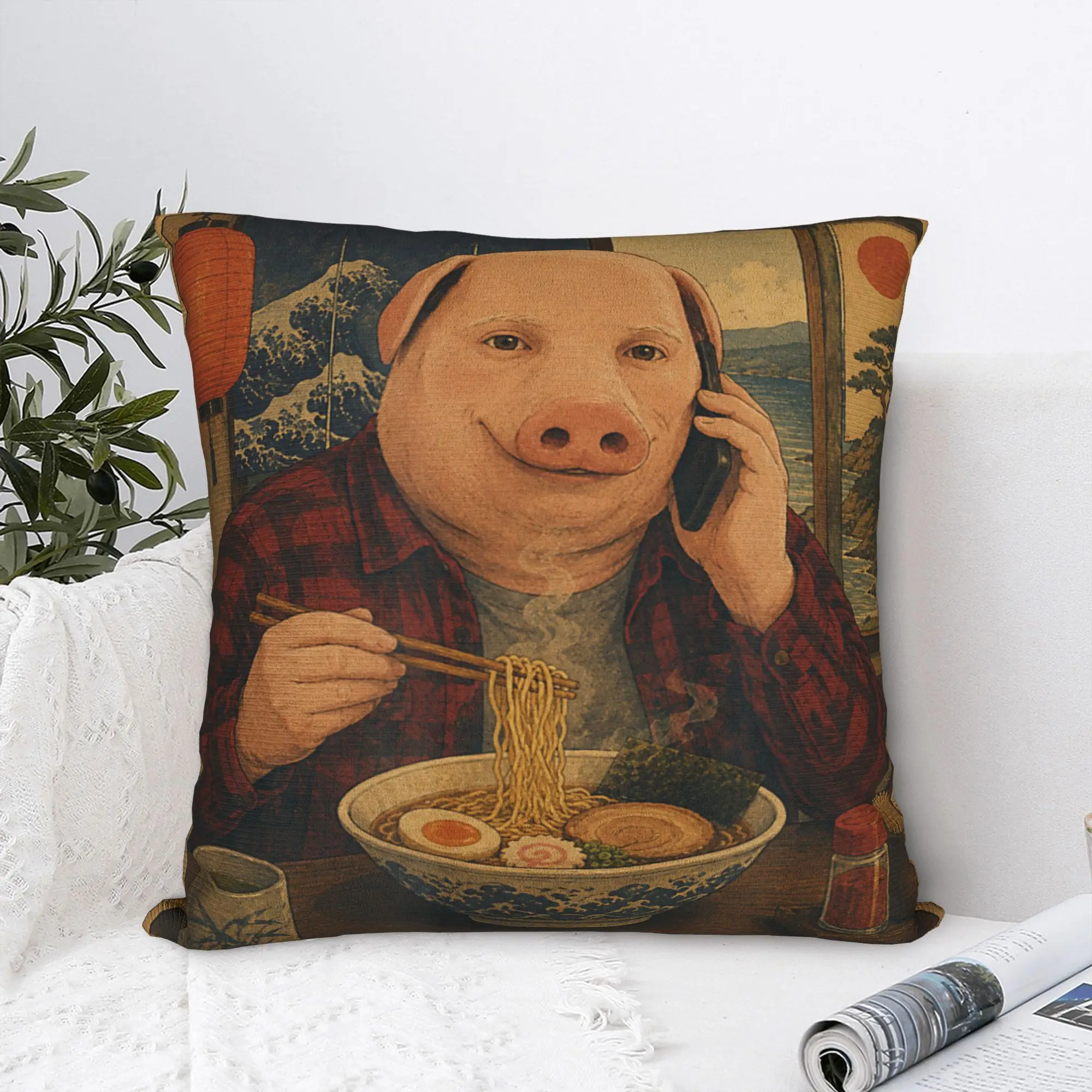 John Pork Japanese Vintage Ramen Noodles Funny Meme Brainrot Pillow Case Cover Cushion Cover For Sofa Couch Bed Living Room