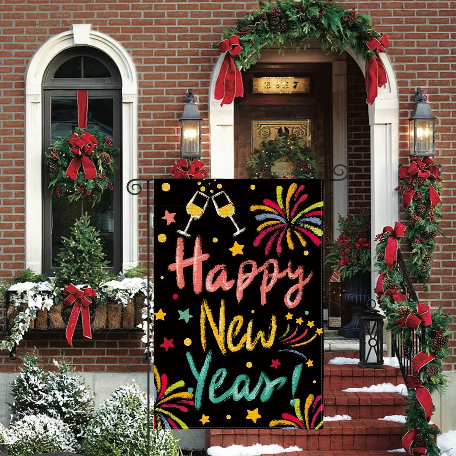 Happy New Year Garden Flag 12 x 18 Inch Double Sided Outside, Winter Holiday Rustic Yard Outdoor Decorative Flag, Flag Pole  yyi