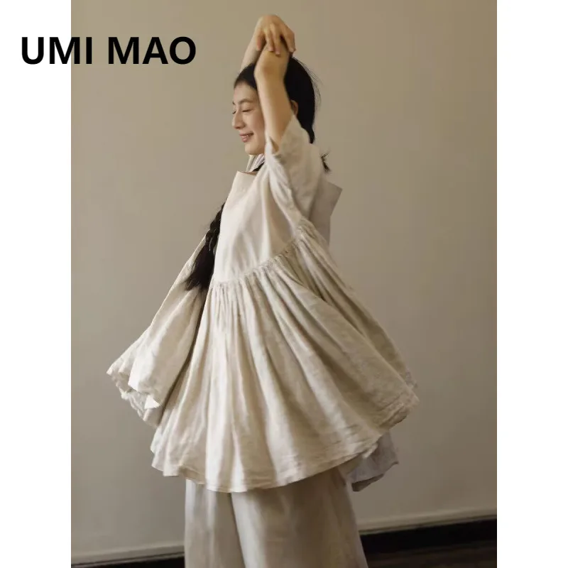 

UMI MAO Large Version Top Ultra-Wide Flowy Pleated Blouse Summer New Korean Fashion Loose Fit Plus Size Big Hem Shirt