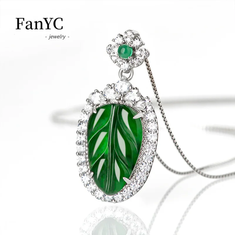 

Myanmar A-goods Jadeite Leaf Pendant S925 Silver Inlaid Hand-carved Exquisite Luxury Ice Jade Necklace Ladies Gift