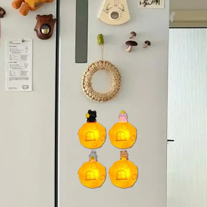 Cute Magnetic Fridge Stickers Cartoon Non-Slip Night Light 4x Cute 3D Fridge Magnets Drop Resistant Night Lamp For Home Kitchen