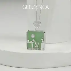 GEEZENCA 925 Sterling Silver Green Black Glass Square Pearl Cat Life Necklace Pendants Without Chain Women 2024 New Party Gift
