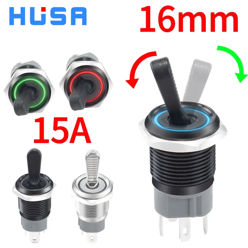 1Pc 16mm 15A Metal Toggle Switch Waterproof LED Light Self-locking 2 Position On Off Micro Button Switch 1NO1NC 5V 12V 220V 5pin