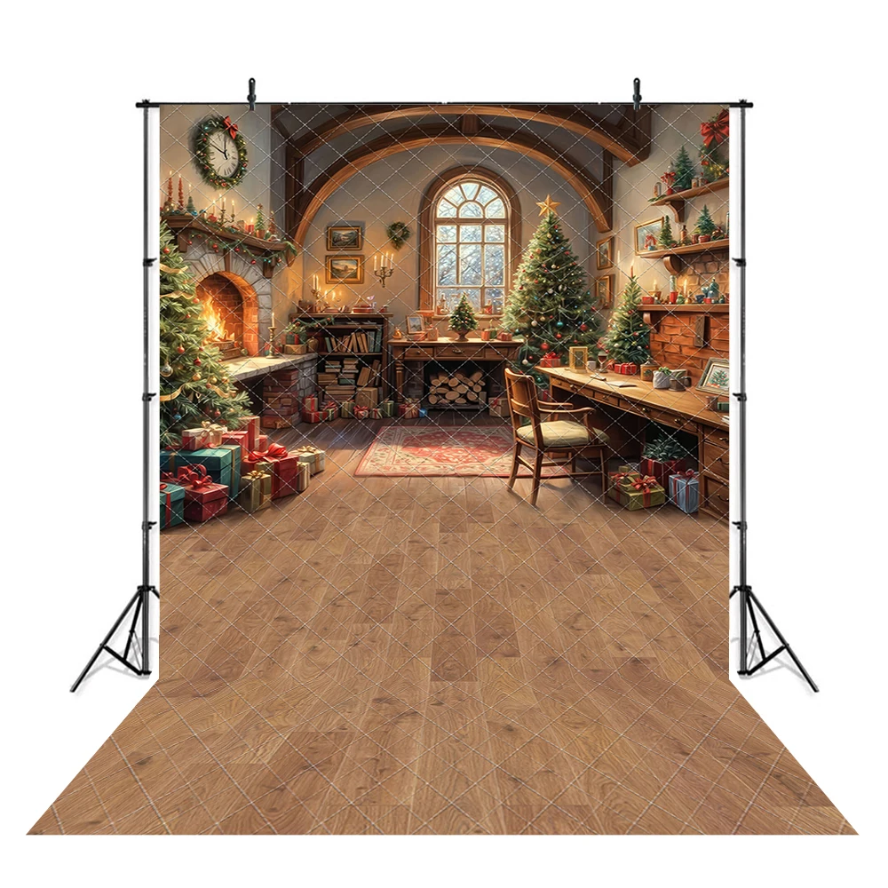 Christmas Background Winter Cabin Wrapping Room Photography Backdrop Santa Fireplace Xmas Tree Gift Decor Kid Photo Studio Props