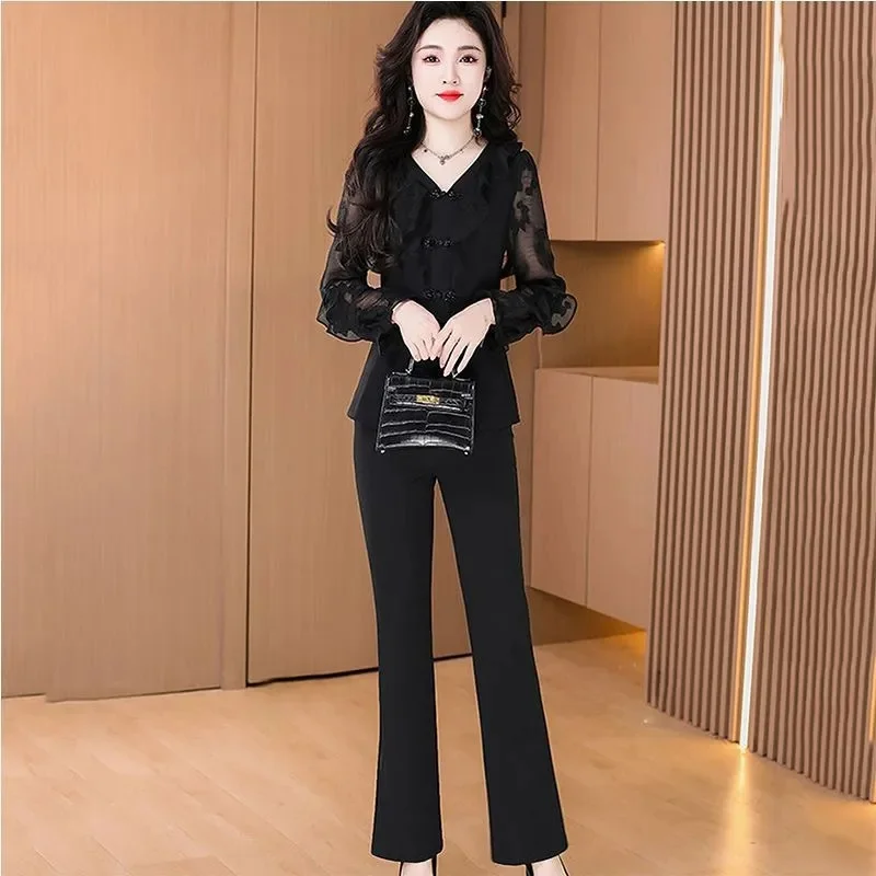 Fashion Sets Women 2024 NEW Spring Autumn V-Neck Patchwork Mesh Long Sleeve Top And Pants 2 Piece Suit Female Black Pants Outfit