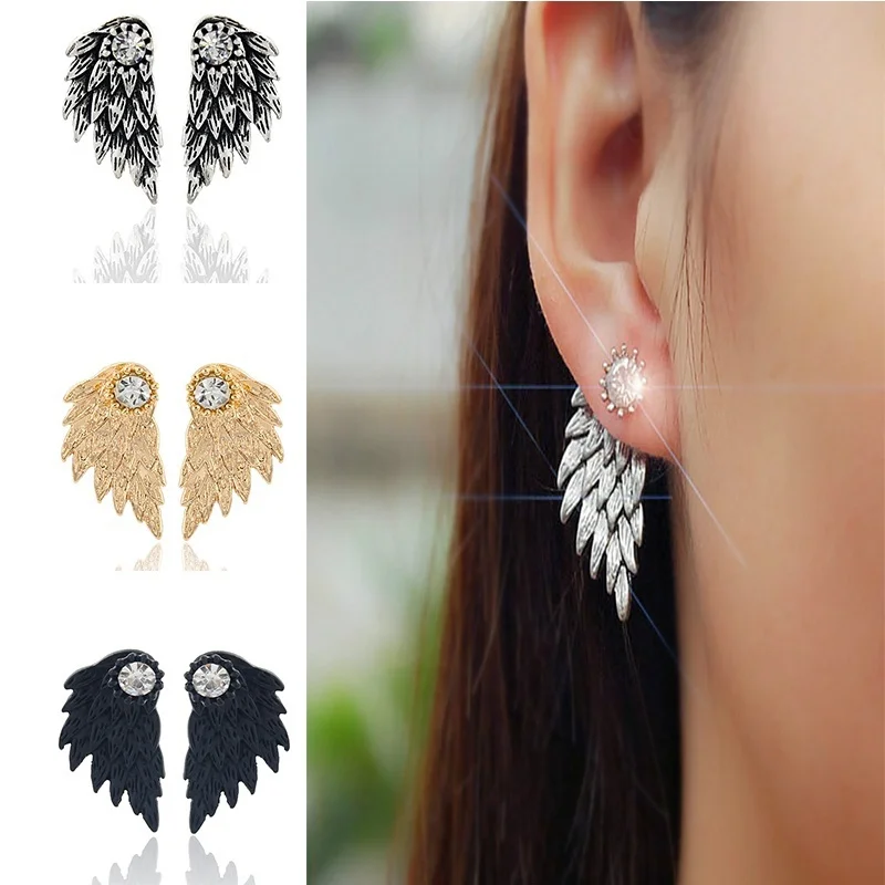 Gothic Accessories for Women Angel Wing Zircon Feather Stud Earrings for Women Piercing Rhinestone Ear Studs Party Jewelry Gift