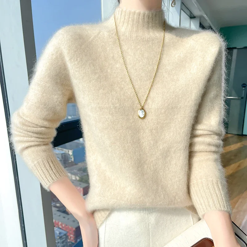 

Women's Pure Wool Knit Sweater Half High Collar Twist Thickened Hooded Cashmere Knitted Base Shirt Autumn Winter New Arrival