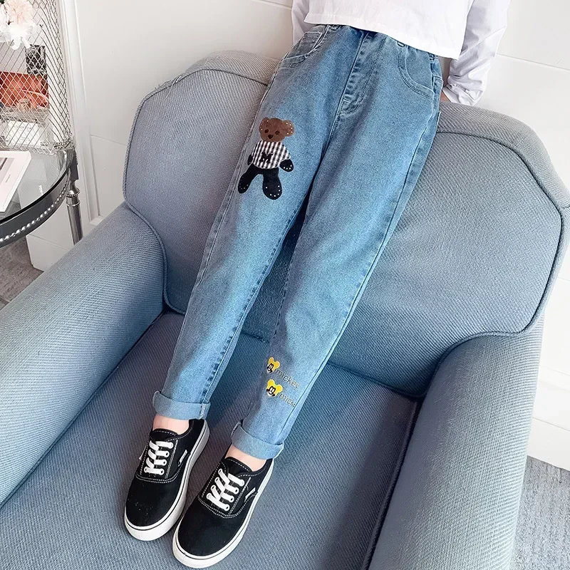 Girls Jeans Kids Cartoon Print Elastic Waist Denim Pant 2024 Spring Fall 3 To 12Yrs Teenagers Trousers Children\'s Cotton Clothes