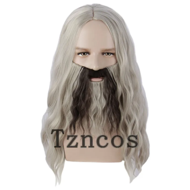 Tzncos Cosplay King Triton Wig Long Silver Hair with Beard Heat Resistant Synthetic Hair