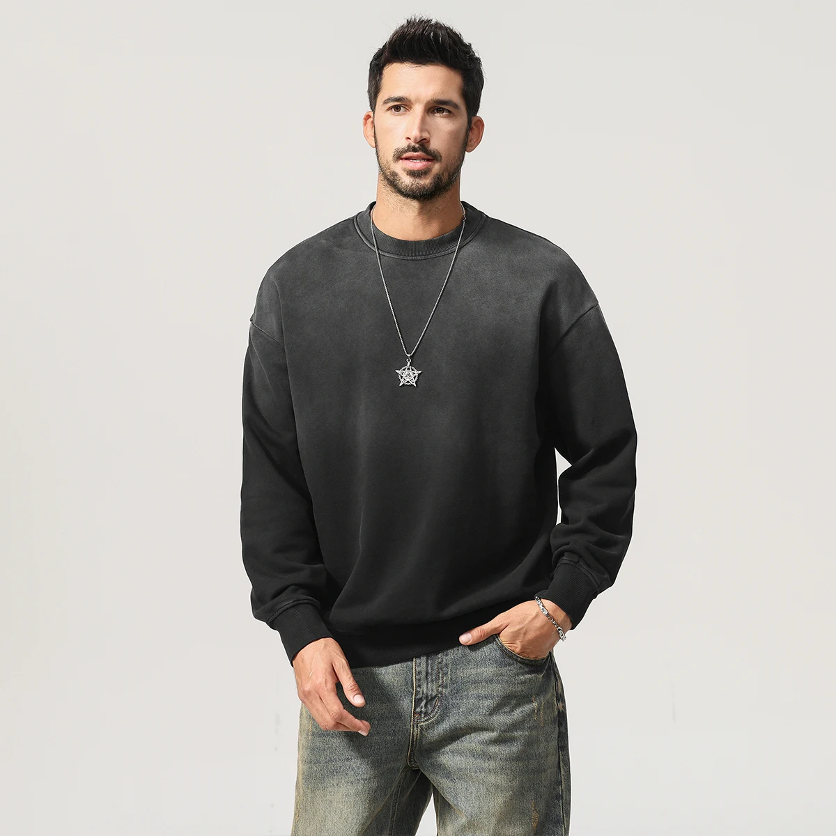 미국 스타일 옴브레 그라데이션 염색 스웨트셔츠 티셔츠 - 남성용 루즈핏 순면 100% 워싱 캐주얼 탑 풀오버 가을용