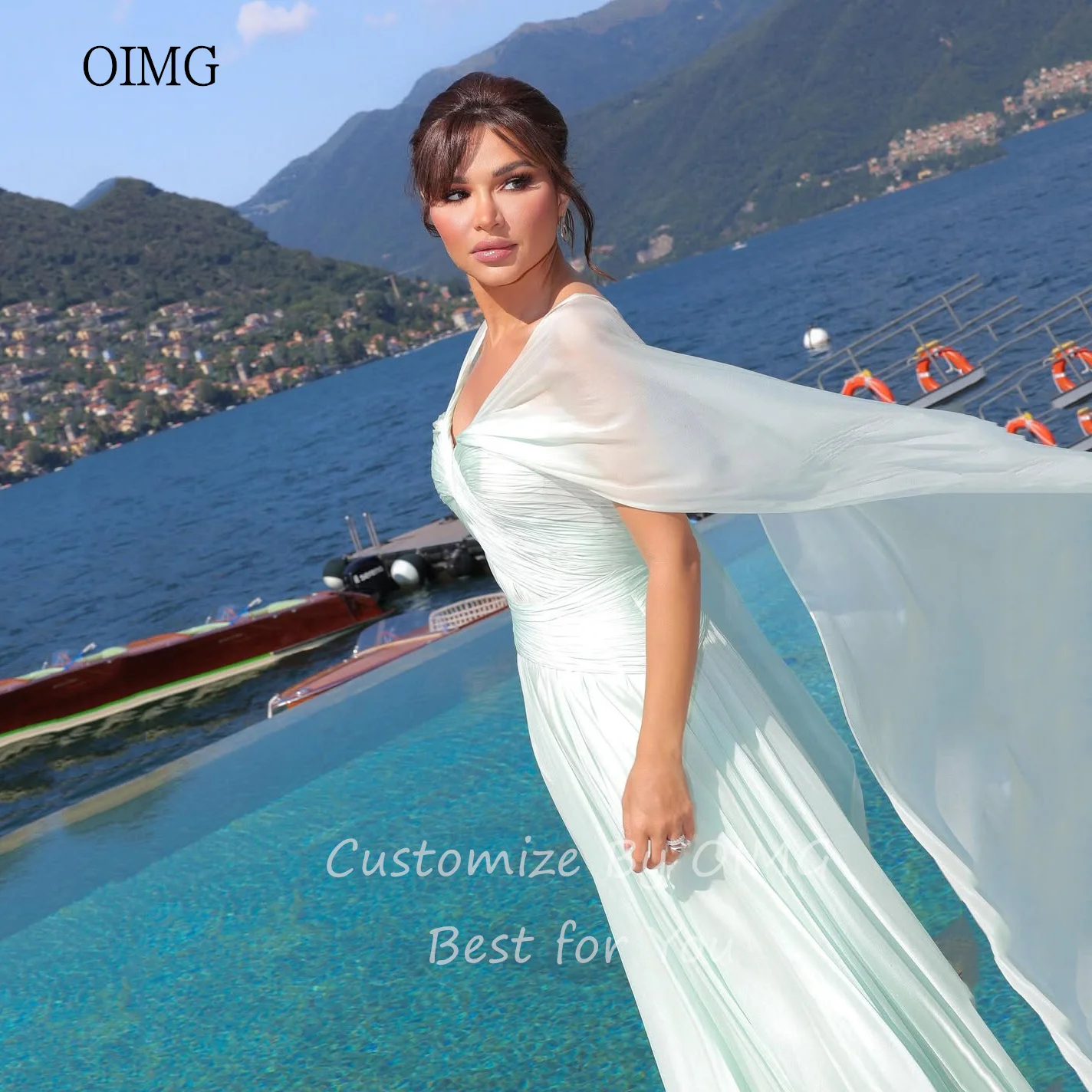 فستان OIMG رشيق بأكمام قصيرة على شكل حرف A فساتين حفلات على شكل حرف V مطوي للحفلات والعطلات بطول الأرض فستان سهرة 2025 مخصص #2