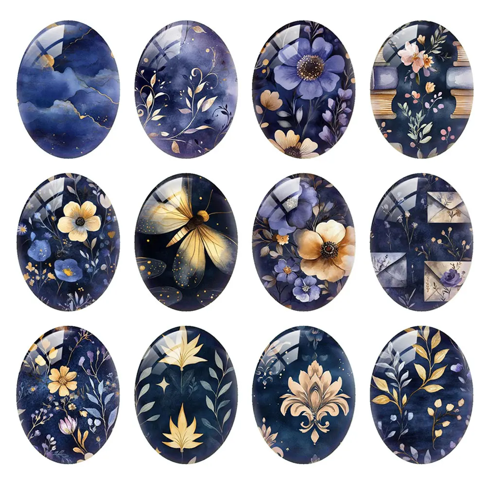 Random Mixed Round/Oval/Square Navy Gilded Night Floral Book Photo Glass Cabochon Flatback Demo Cameo For Diy Jewelry Making