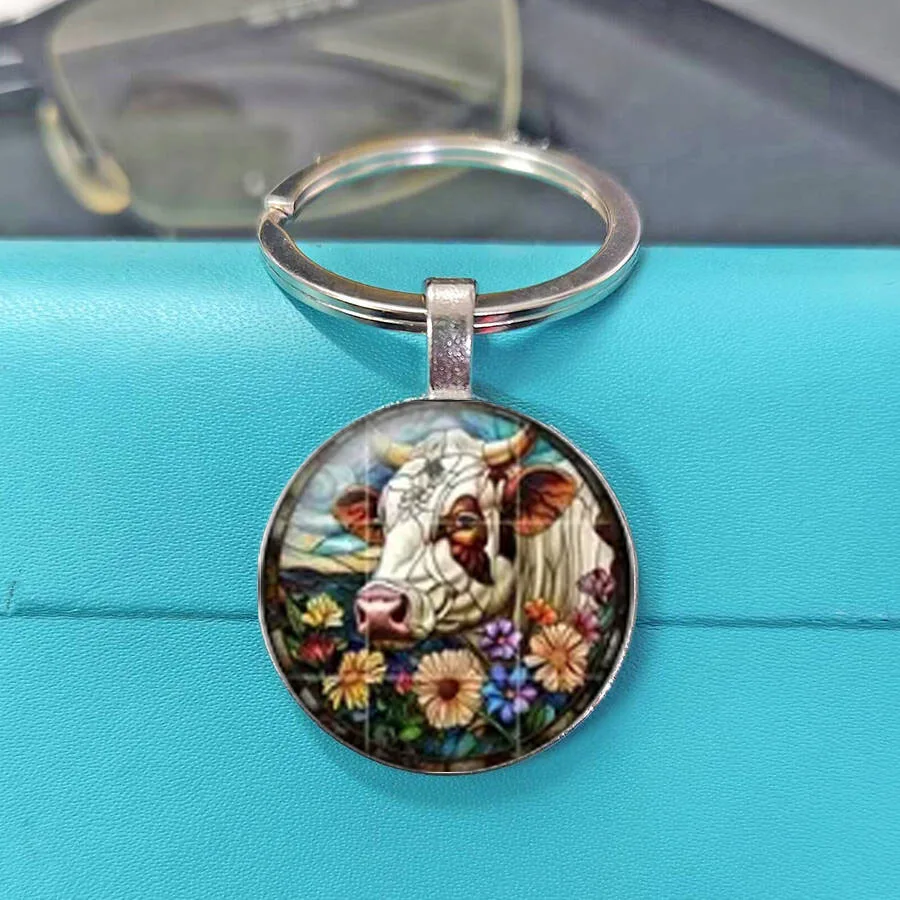 Nostalgic Design Rustic Stained Glass Western Farm Wildlife Keychain Floral Gloss Dome Ornament Cabochon Keychain