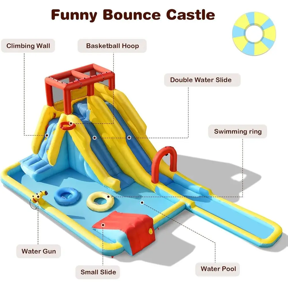 Iatable Water Slide, Double Long Slides Riesiges Waterpark Waterslide Iatables mit Kletterwand und Spritzbecken, Outdoor Blow