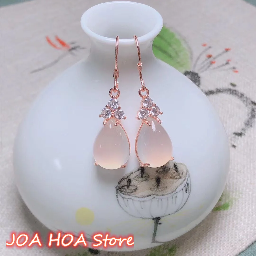 Natural Emerald Pink Green Red White Chalcedony Water Drop Ladies Rose Gold Sterling Silver 925 Jewelry Earrings