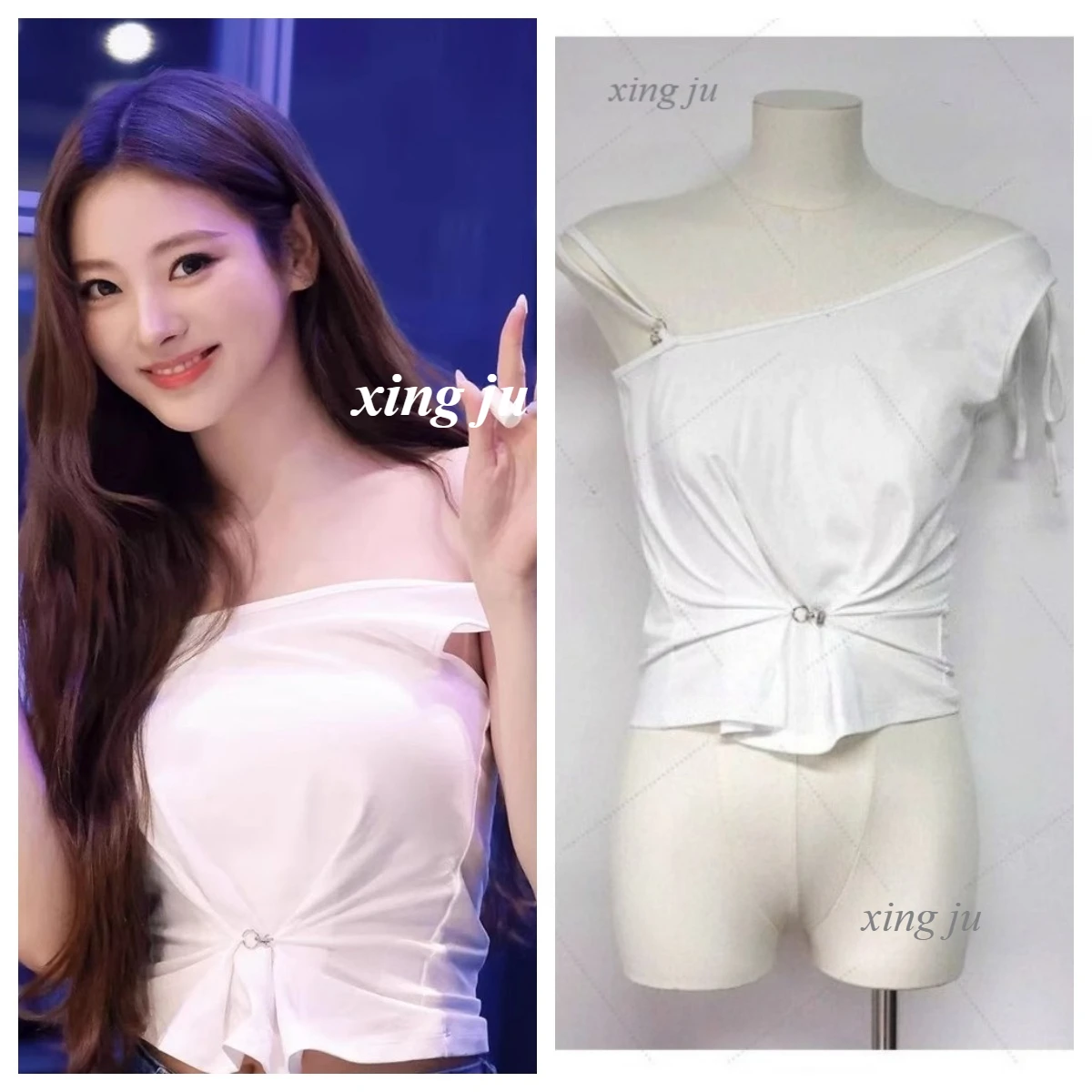 Kpop الكورية الحفل الأبيض غير النظامية خارج الكتف الرسن السراويل القمم المرأة مثير الجاز زي المغني راقصة عرض مسرحي Y2k الملابس