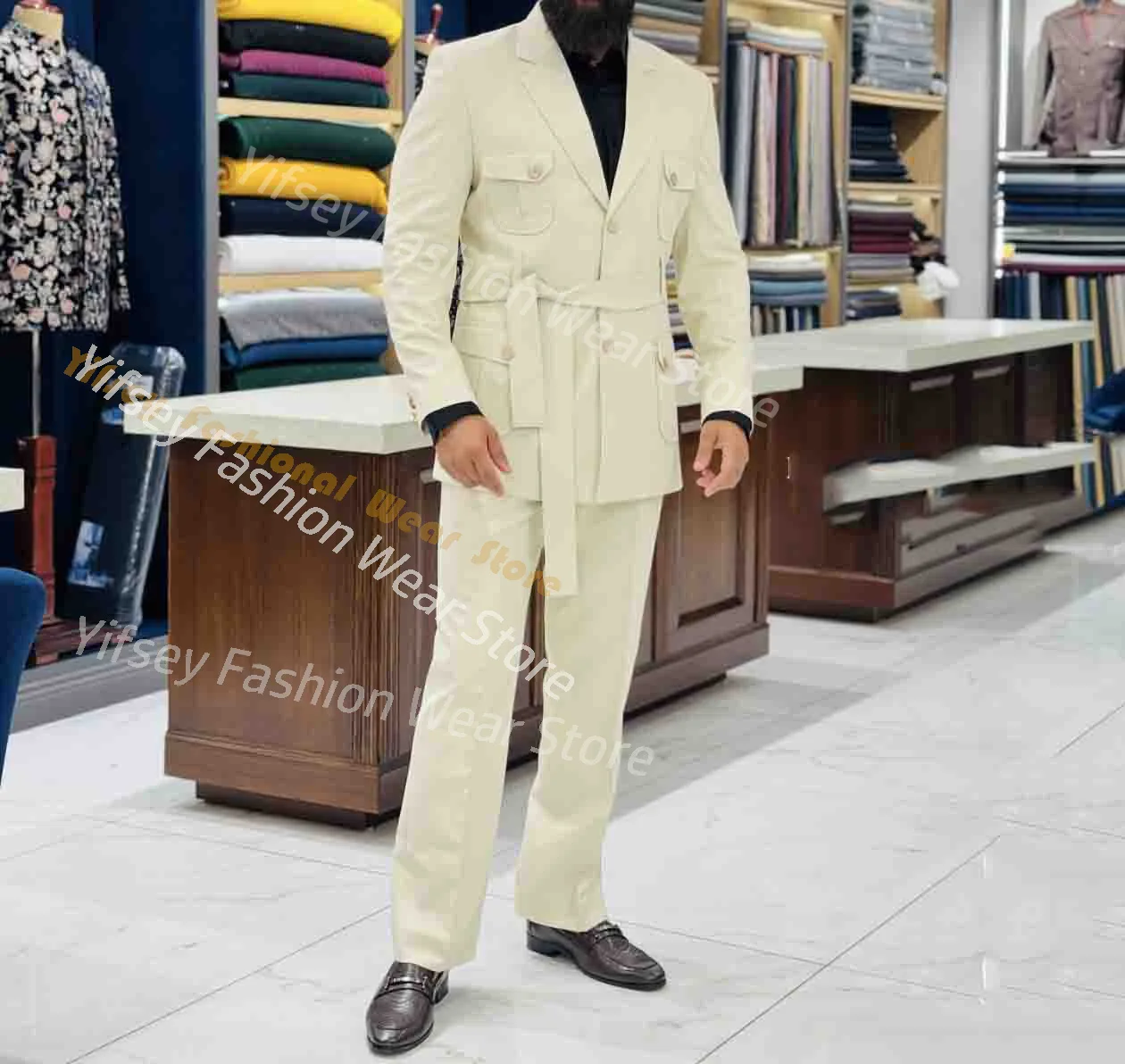 Ivory 4 Flip Pockets With Belt Men Luxury Social Suit Blazer Trousers Coat Tailored Safari Style Jacket Boyfriend 2pc Coat Pants