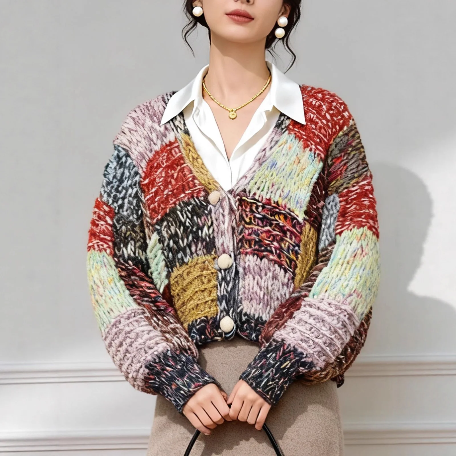 

Rainbow Thick-knit Hand-knitted Cardigan, Retro V-neck Knitted Checkered Coat Short Women's Winter Top