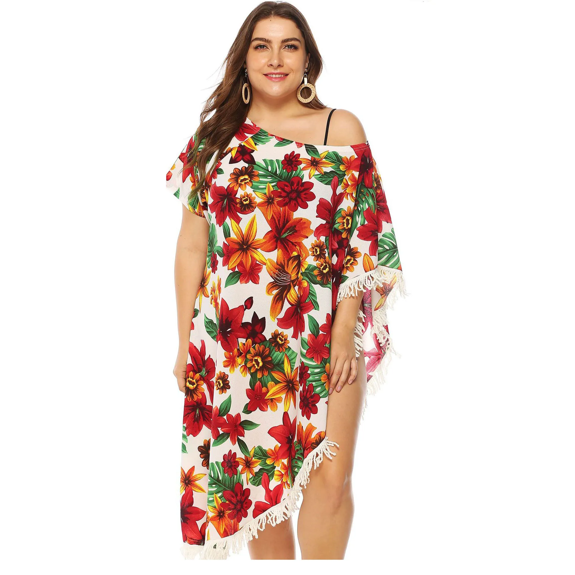 Vestido de verano de talla 2021 para mujer, bikini de playa con estampado botánico y flecos irregulares en los hombros