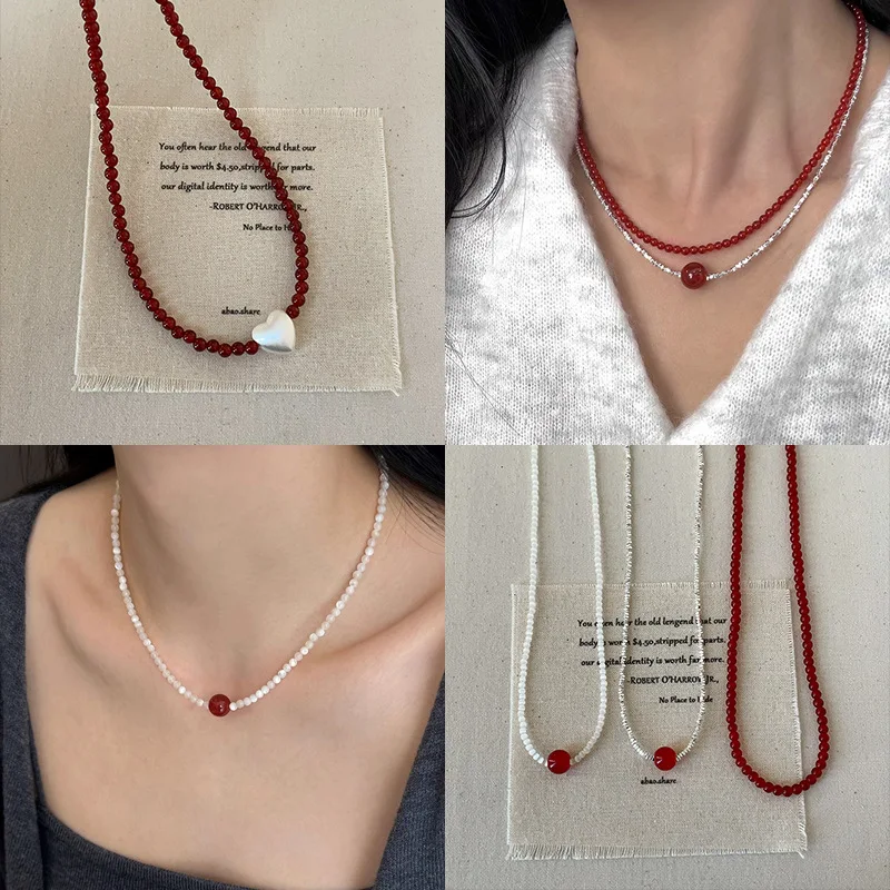 Minar French Silver Water Wave Chain Red Agate Beads Heart Beaded Pendant Necklaces for Women Gold Silver Plated Sweater Chain