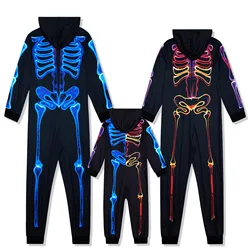 New Halloween Family Clothing Parent-Child Matching Pajamas 3d Skeleton Print Cosplay Jumpsuit Zipper Hooded Party Look Costumes