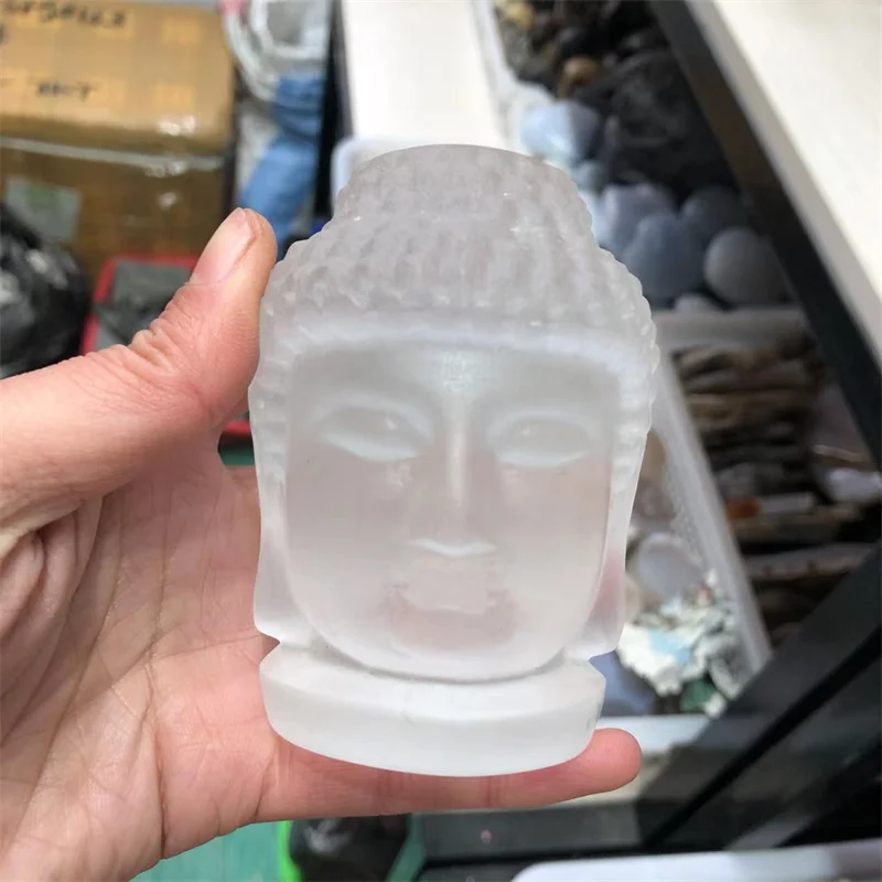 

Natural Stones Polished Quartz Selenite Buddha Head Carving Crystal Healing Reiki Gemstones Feng Shui Decoration