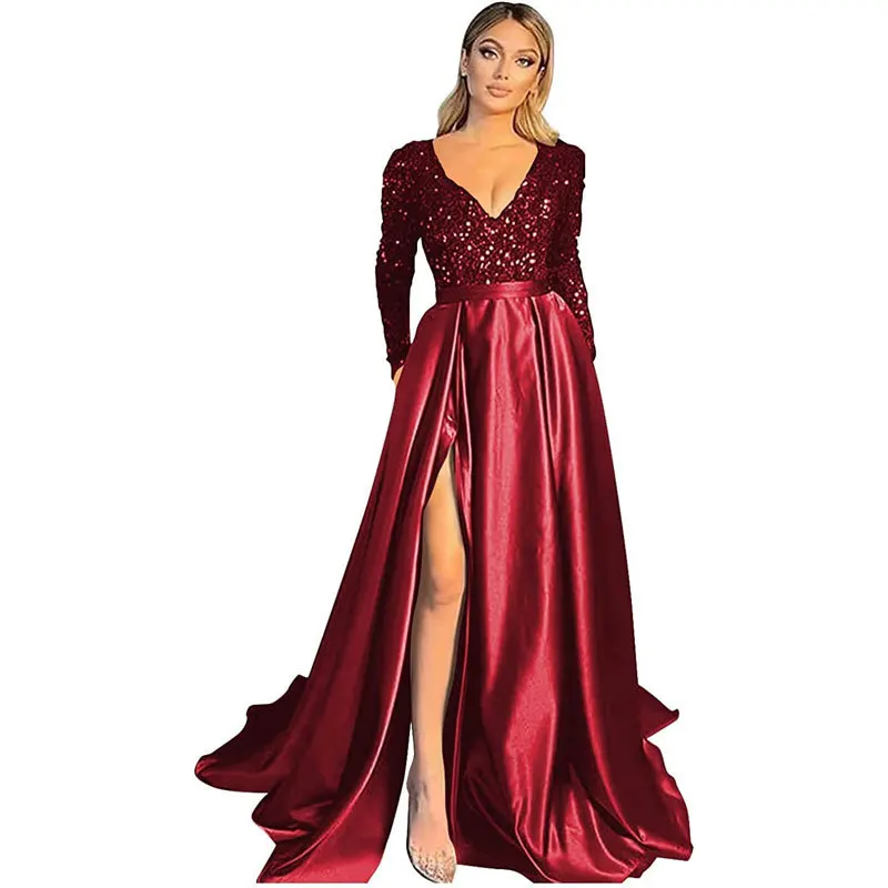 Customized A Line Women Evening Dresses V Neck Long Sleeve Prom Party Gowns Sequins Side Slit Vestido De Noche robes de soirée