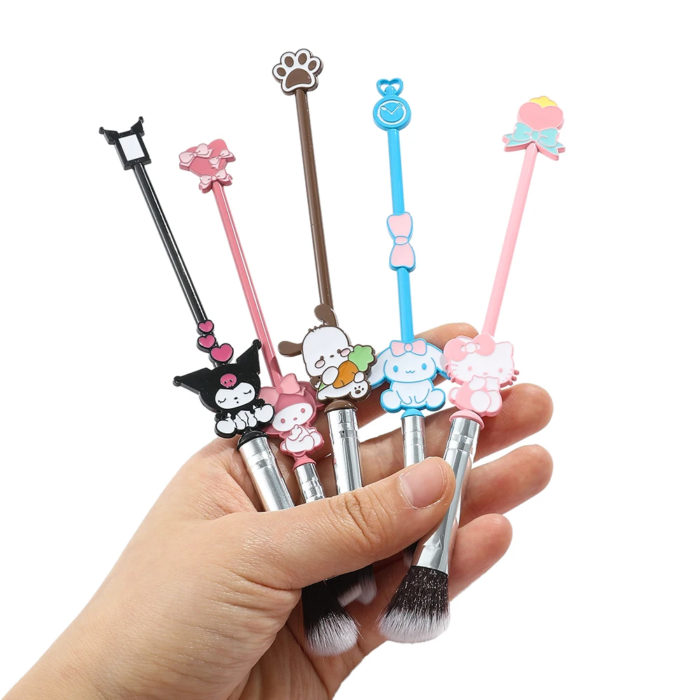 5pcs Sanrio Makeup Brush Hello Kitty Kuromi Melody Cosmetics Blush Eyebrow Lip Eyeshadow Brush Beauty Tools Girls Gift With Bag