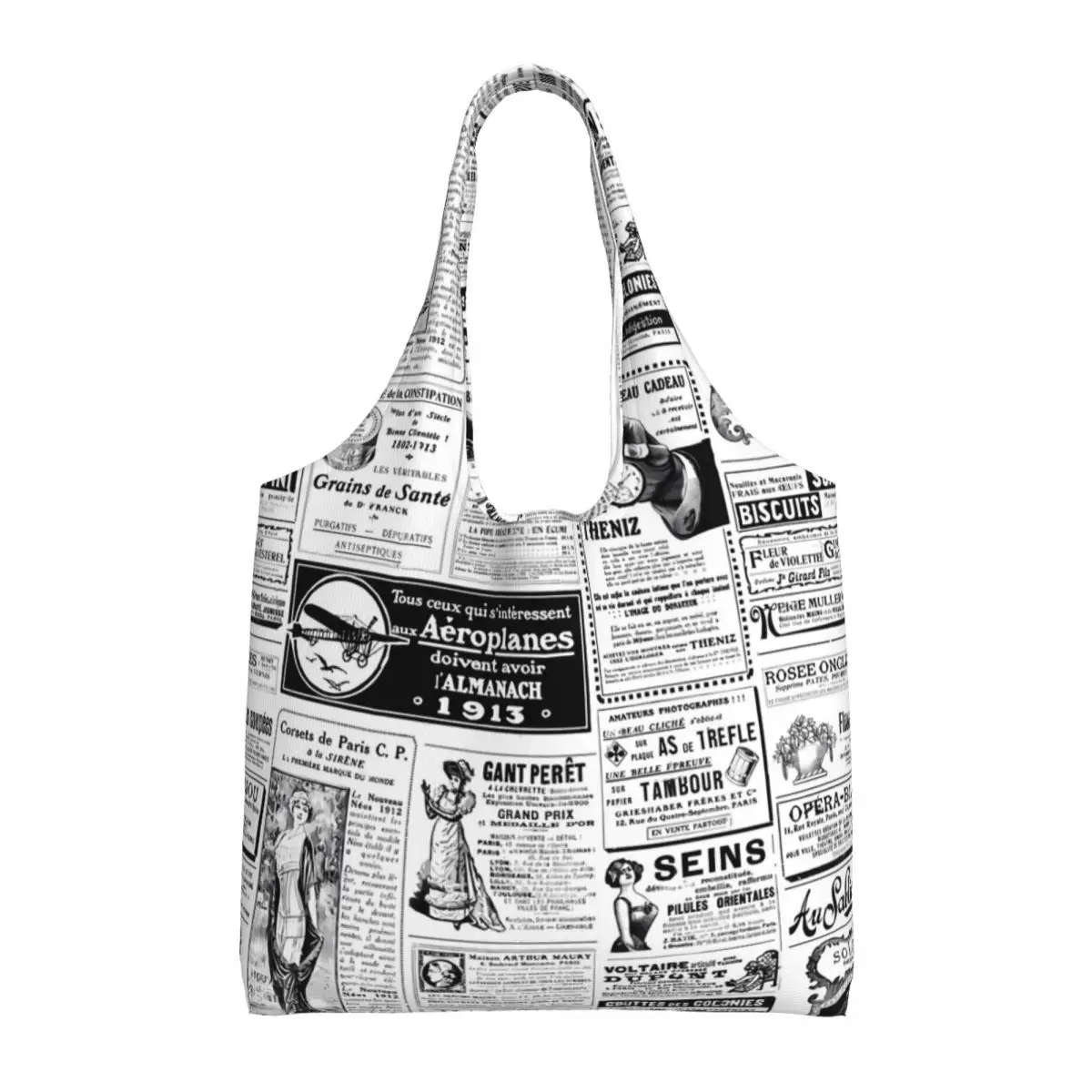 

Victorian Newspaper Shopper Bag Black White Letter Casual Handbags Cloth Work Tote Bag Women Print Shopping Bags