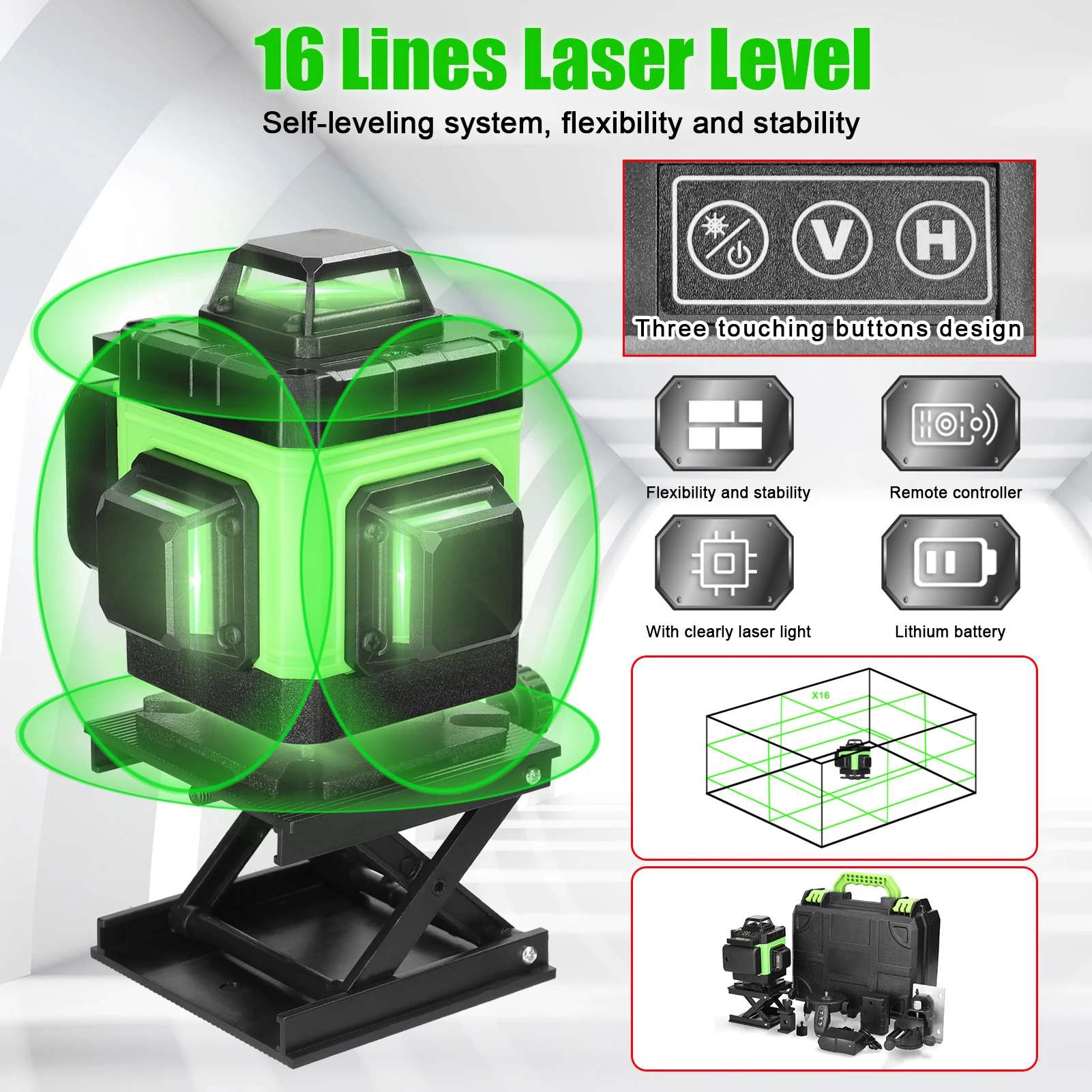 Multifunctional 16 Lines Laser Level 3° Self-leveling Machine Rechargeable Lithium Battery Leveling Tool Omnidirectional Ground