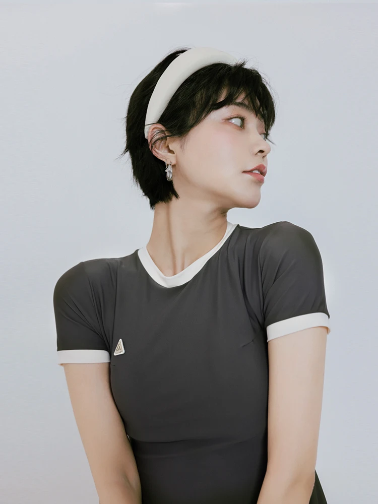 Sporty Skirt-Style One-Piece Swimsuit Women's Short Sleeve Belly Covering Slimming Design Casual round Neck Swimming Costume