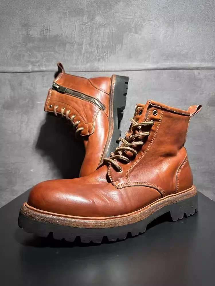 British Style Mens Lace Up High Top Work Safety Shoes Cowhide Genuine Leather Ankle Boots Handmade New Motorcycle Riding Boots