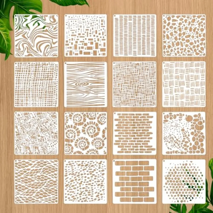

16 Pcs Paint Stencils for Crafts Reusable Wall Stencils for Painting, Texture Mixed Brick Stencil, Art Painting on Wood Wall Ca