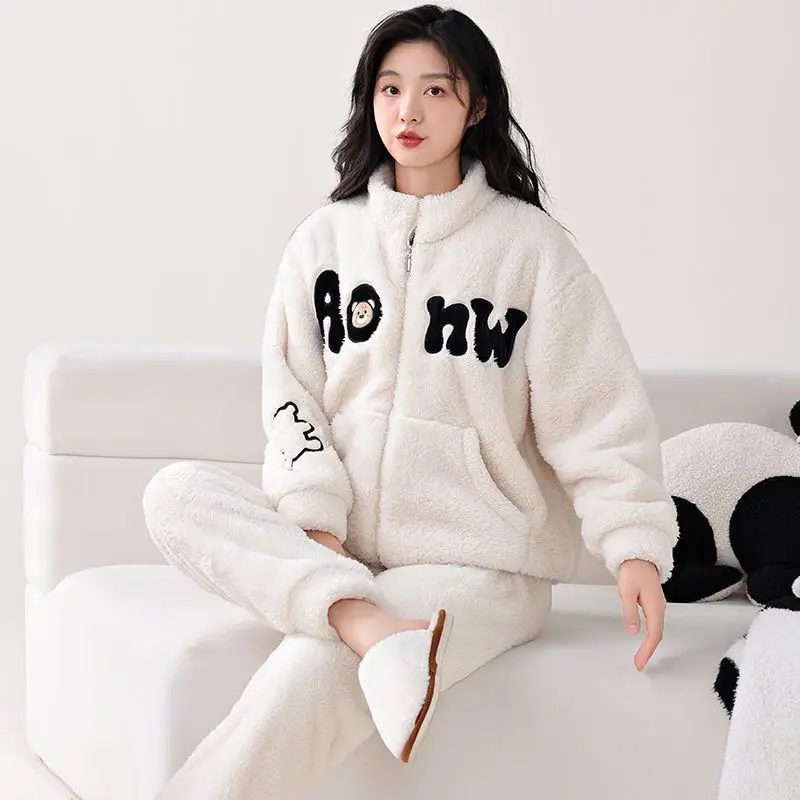 Pigiama in pile corallo per donna autunno e inverno addensato con set in pile per la casa con cerniera può essere indossato all'esterno