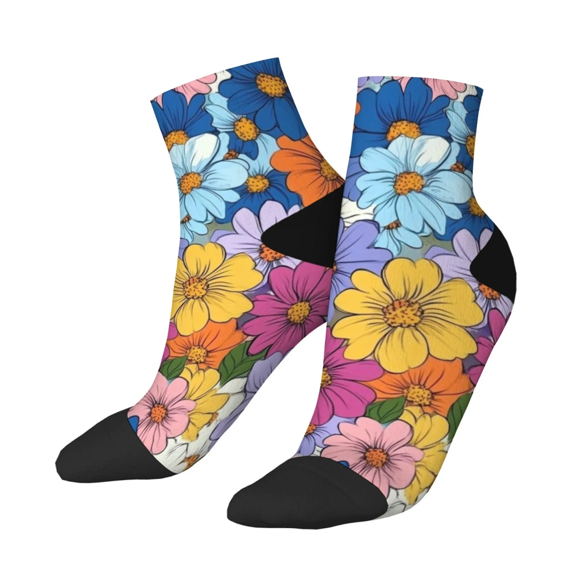 Bunte Blumen Kurze Socken Polyester-Mischung Bequeme Freizeitsocken für Damen Herren Unisex Weich Atmungsaktiv Leicht