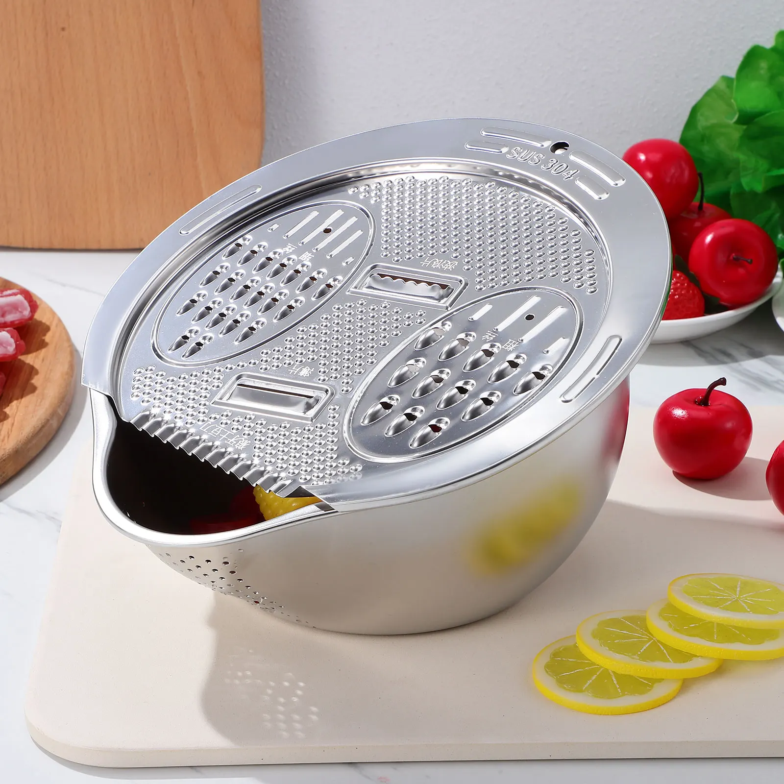

Rice Washer Strainer Bowl Stainless Steel Colander Large Capacity Kitchen Sink Drain Basket Fruit Vegetable Mesh Filter