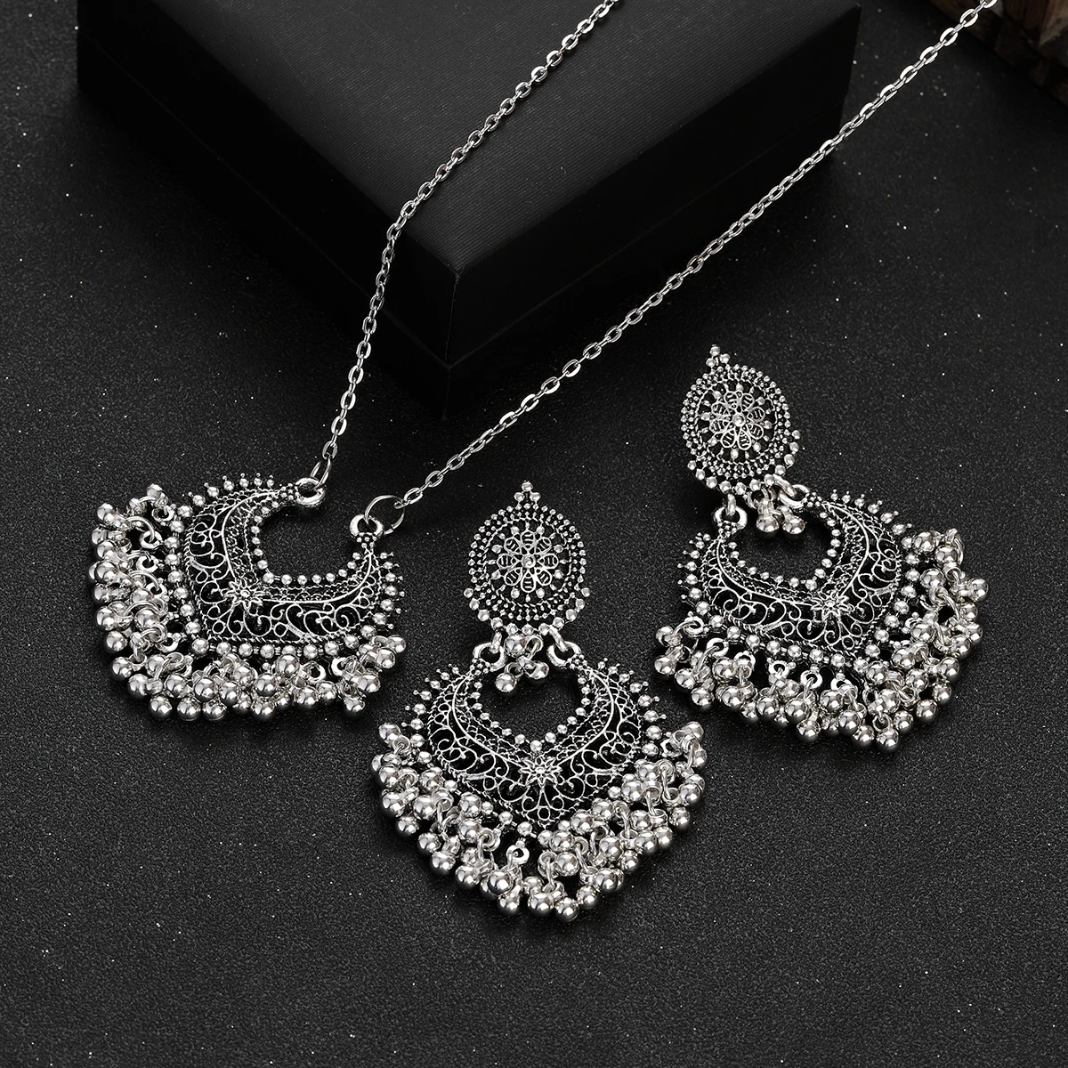 Indian Jewelry Set for Women Bijoux Retro Gold Plated Round Beads Tassel Earring Necklace Sets Ethnic Vintage Wedding Jewelry