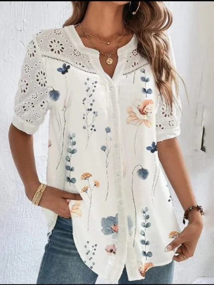 قميص نسائي جديد بأكمام قصيرة بتصميم ياقة وأزرار، فتحة عنق على شكل حرف V، قصة فضفاضة، مصنوع من ألياف البوليستر، مناسب للصيف، أ...