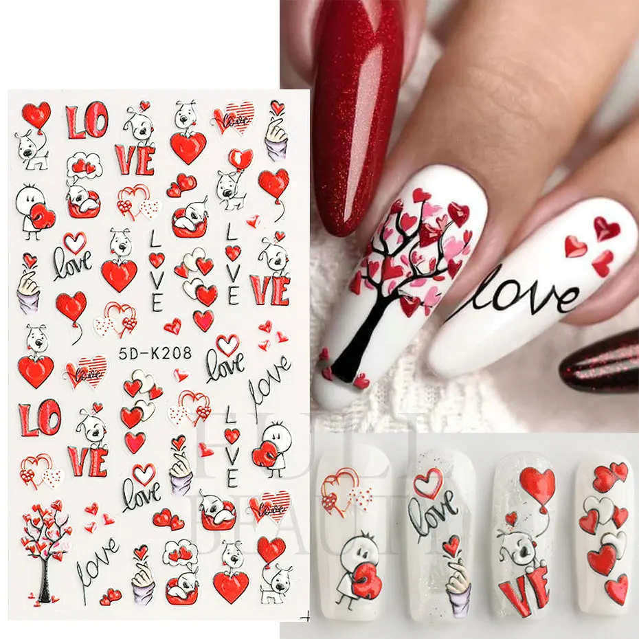 5D Red Valentines Day Nails Fabulous Heart Stickers Love Bears Rabbit Flowers Relief Sliders Sweet Days Manicure Decals #5D-K208