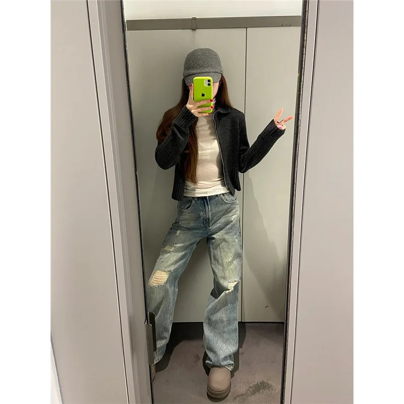 American style high street design with ripped straight leg jeans for women 2024 new hip hop casual extended floor pants