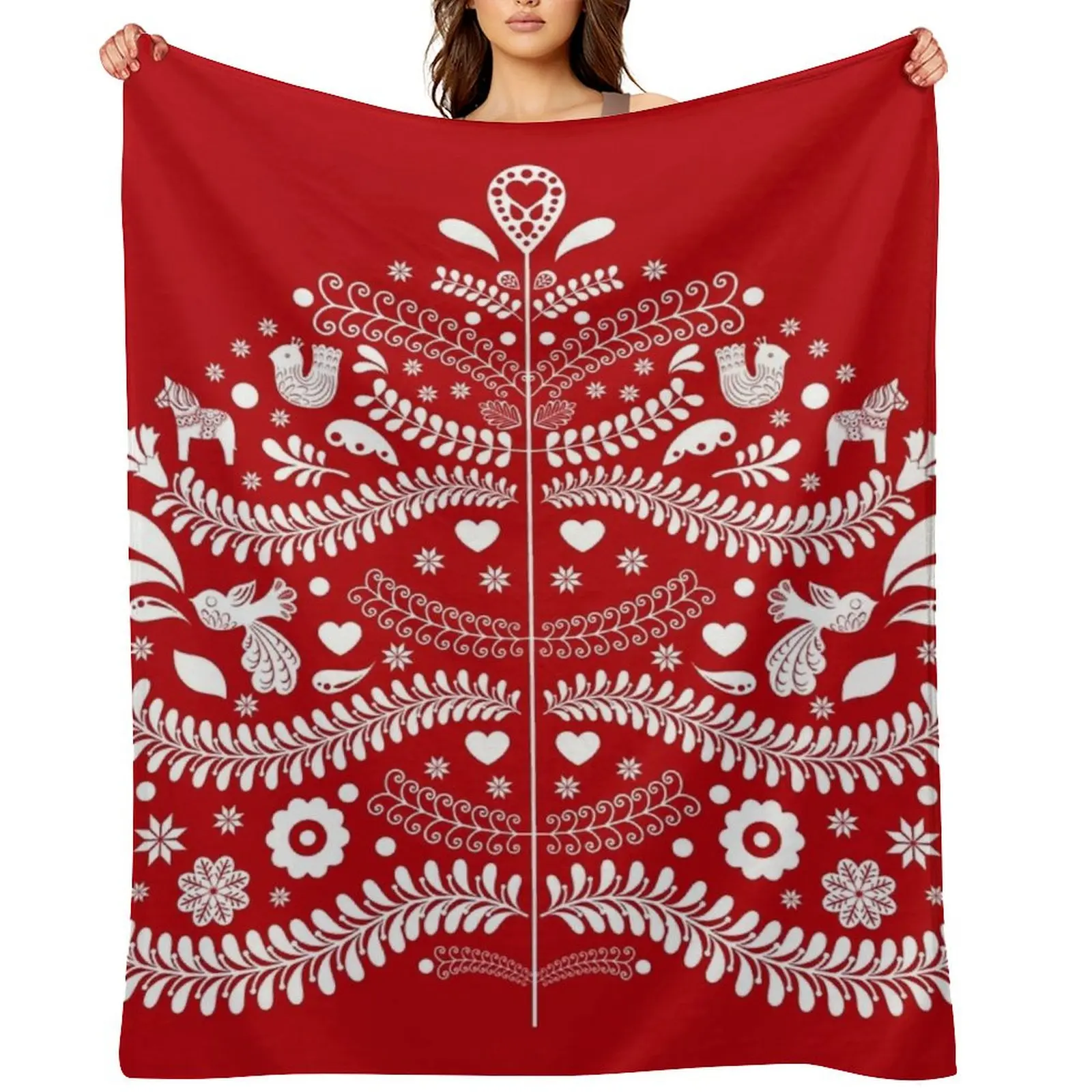 

White Scandinavian Christmas Tree on Red Throw Blanket Designers Luxury St Quilt anime Blankets