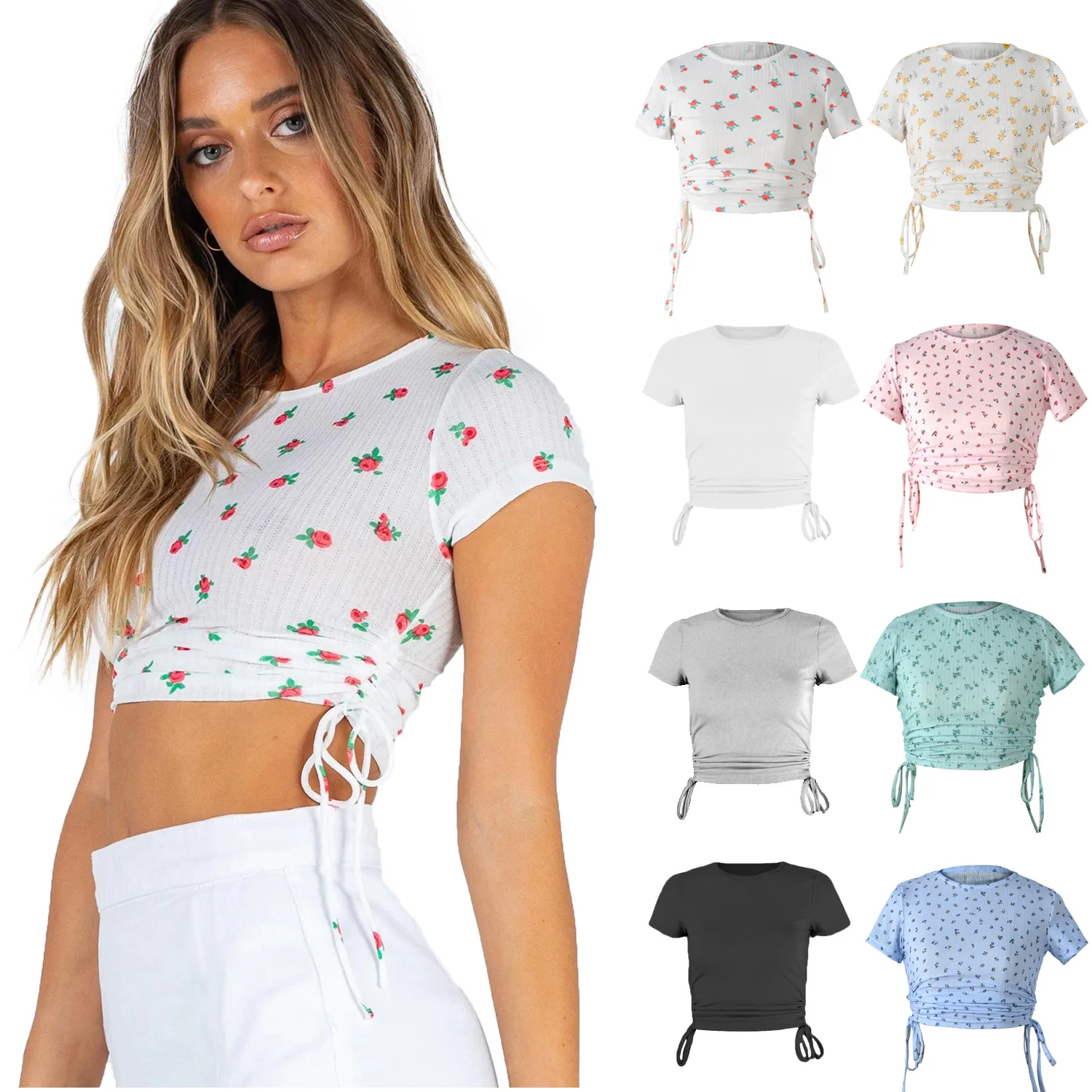 T Shirt Women Spring Autumn 2021 New Printing Short Sleeve Ladies Draw String Round Collar Leisure Show Hilum Tshirts WSL4400